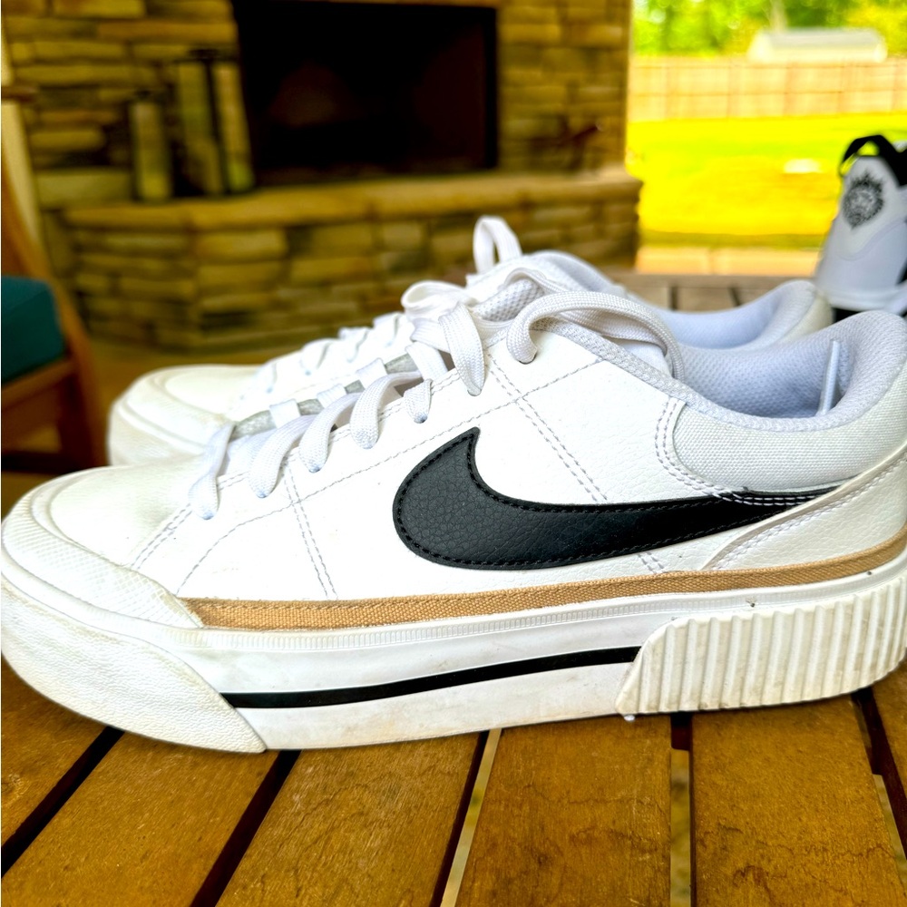 Women’s Nike Court Legacy Lift Platform Sneaker. White/black/brown. Size 8